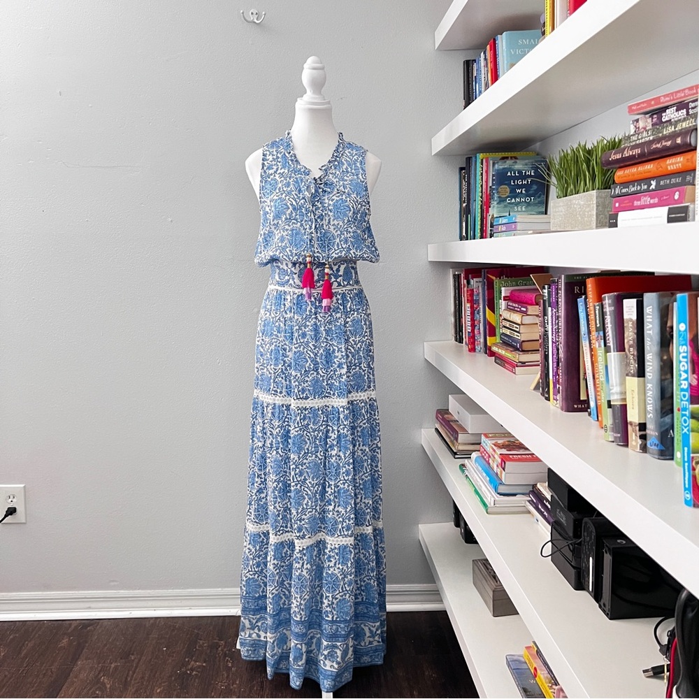 BELL by Alicia Bell Lola Blue & white Silk blend toile print maxi dress Medium